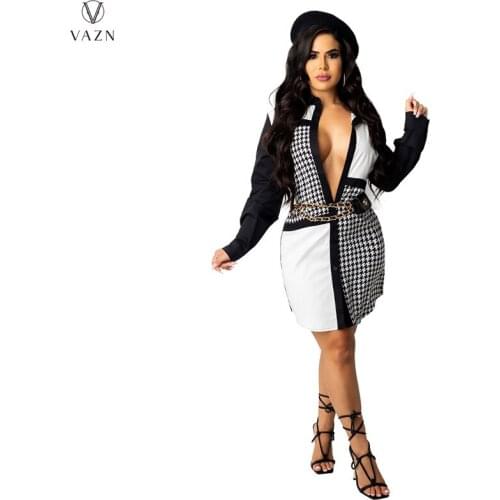 VAZN New 2021 Spring New Women Street Casual Style Short Dress Long Sleeve Lapel Single Breasted Printed Mini Short Shirt Dress