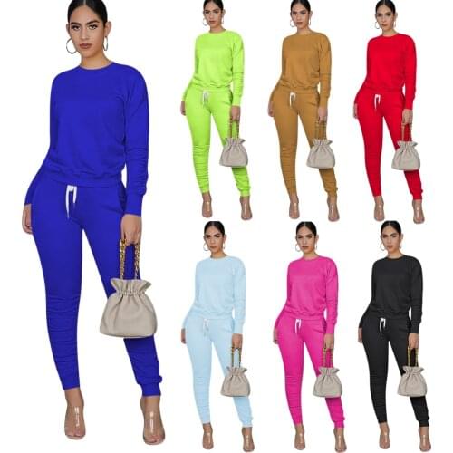 New Autumn Spring Fitness Yoga Running Sport Suits Solid Sets Women Sportswear Long Sleeve O-Neck Tops+Lace-up Joggers S-2XL
