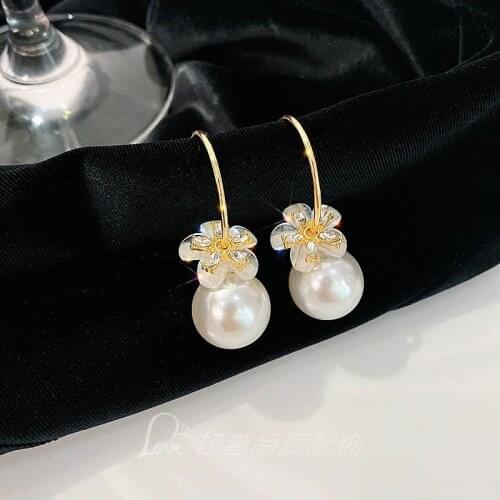 New S925 Silver Needle Super Fairy Flower Rhinestone Imitation Pearl Simple Temperament Personality Earrings Female Jewelry