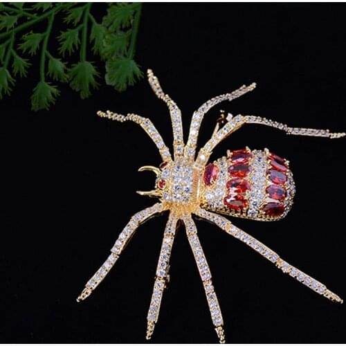 OKILY Gorgeous Red Zircon Spider Brooches for Women Coat Accessories Shine CZ Animal BroochPins Scarf Shawl Sweater Jewellry