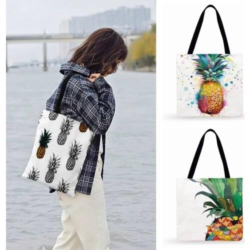 Outdoor Beach Bags Watercolor Pineapple Painting Print Tote Bag For Women Casual Tote Ladies Shoulder Bag Foldable Shopping Bag