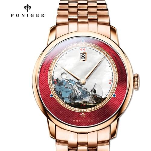 PONIGER Rose Gold Stainless Steel Men Automatic Mechanical Watch Sapphire Glass Waterproof Watch Date Day Night Display Watch