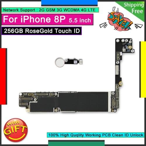 Unlocked Original Motherboard Pink Home Button For IPhone 8P 8 PLUS 256GB RoseGold Touch ID Good Working Mainboard Logic Board