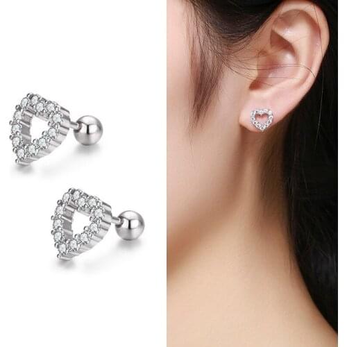 Cute 925 Sterling Silver Hollow Heart Set CZ Screw Back Stud Earrings For Women Child Girls Kids Jewellery Orecchini Aros Aretes