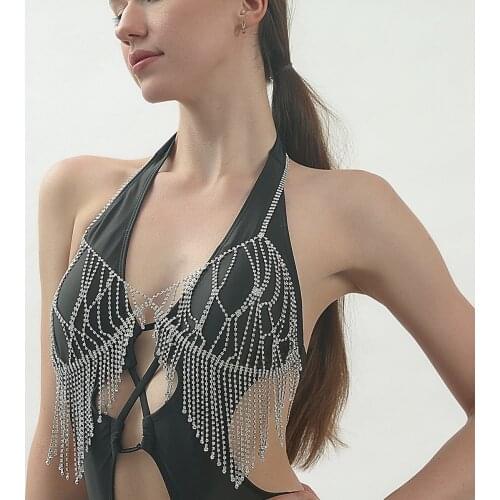 Stylish Women Shiny Crystal Rhinestone Mesh Body Bra Bikini Suit Sexy Charm Women Transparent Panties Body Chest Chain Jewelry