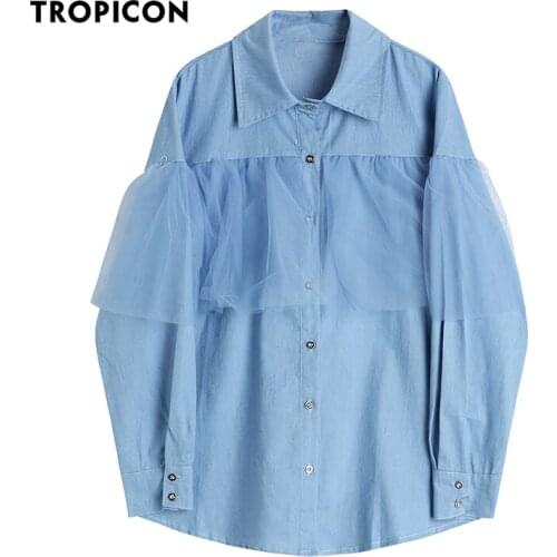 TROPICON Mesh Patchwork Blue Denim Shirts Long Sleeve Button Up Collared Jean Shirt Women Designer Top Spring 2021 Fashion