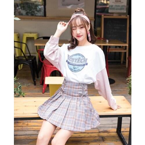 Spring Summer Harajuku Punk Style High-waisted Grey Blue Pink Chequered lace-up Short Skirt Sweet A-shaped Skirt