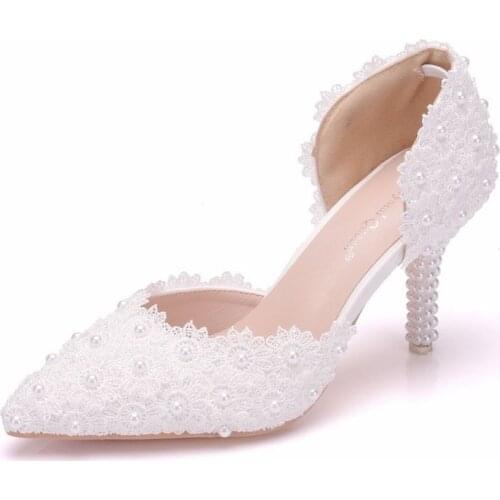 Women sandals wedding Party Lace PU Rhinestones Buckle Strap 7.5CM Thin High heels Pointed Toe waterproof women shoes size 35-42