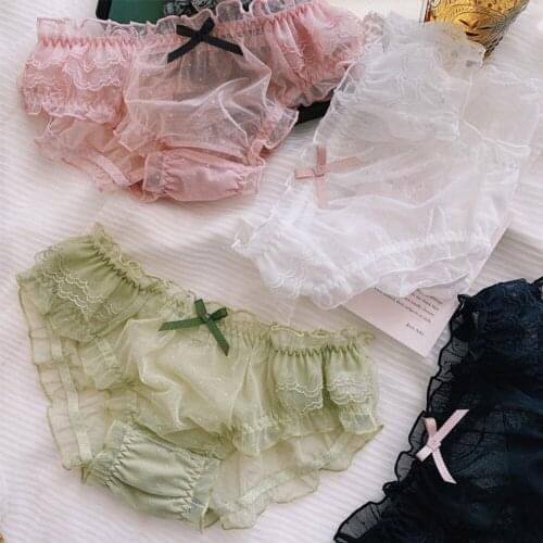 Sexy Cute Panties Hollow Lace Womens Underpants Bow Ruffles Seamless Thong Sweet Transparent Underwear Mid-waist Breifs