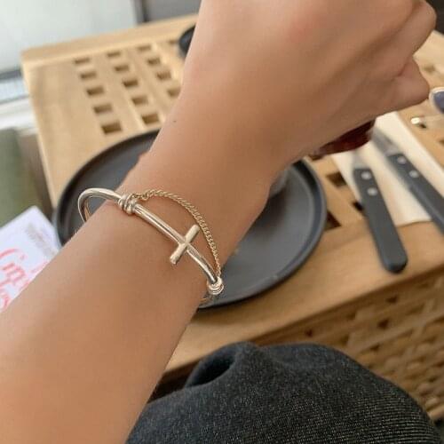 Bangle For Women Link Chain Cross Opening Retro 925 Silver Women Bangle Korean Fashion Jewelry Accessories