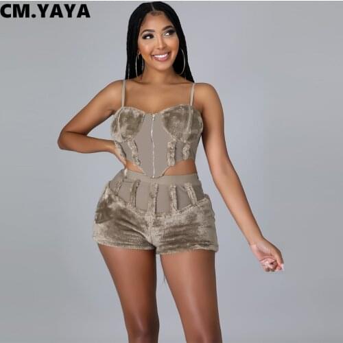 CM.YAYA Women Shorts Set Solid Strap Zip Crop Tops + Shorts Two 2 Piece Sets Sexy Fashion Outfits Stylish Casualwear Summer 2021