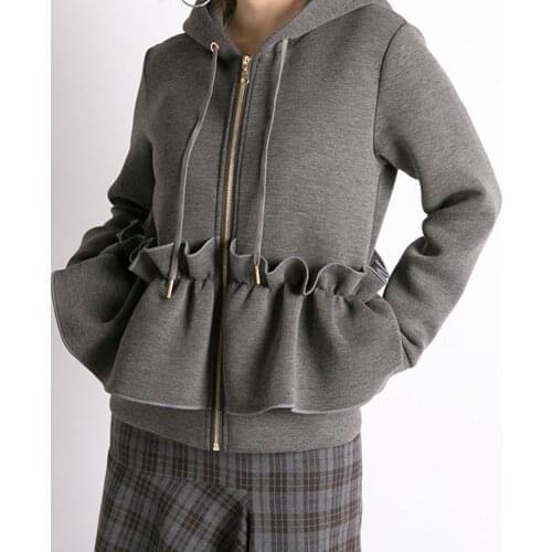 2021 Korean Fashion Kawaii Jacket Women Casual Slim Autumn Ruffle Hooded Long Sleeve Sweatshirts Outerwear Coat Short Overcoat