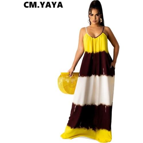 CM.YAYA Women Long Dress Print Sleeveless Strap V-neck Loose Maxi Dresses with Pockets Casual Fashion Vestidos Summer Outfits