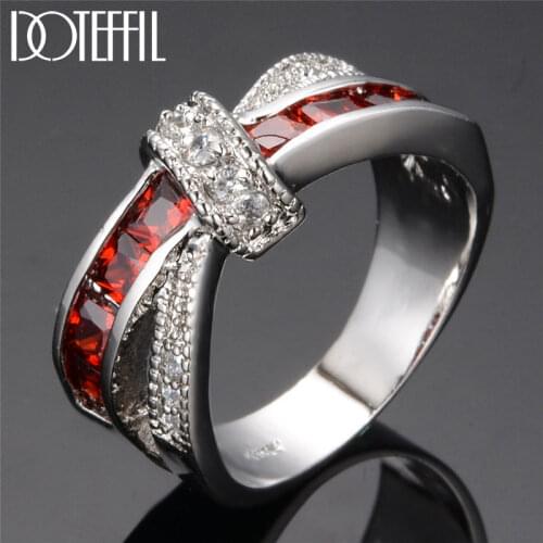 DOTEFFIL 925 Sterling Silver Red/Pink/Blue Six Colors AAA Zircon Crystal Ring For Women Fashion Wedding Party Charm Jewelry