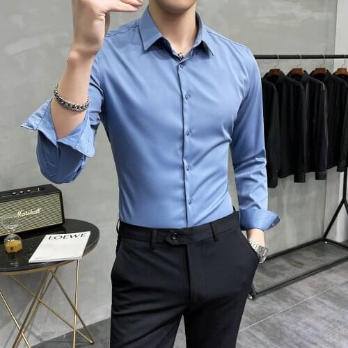 2021 Solid Colors Shirts for Men Formal Business Dress Office Work Wedding Shirts Long Sleeve Casual Social Blouse Chemise Homme