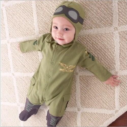 Army Green Baby Rompers Pilot Airman Costumes Baby Boy Clothes Hat Space Jumpsuit + Cap Fly Aviators Helmet Without Foot Cotton