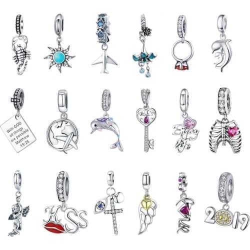 BISAER 925 Sterling Silver Angel Wings Radiant Orchid Dazzling Daisy Pendants & Beads Fit Charms Bracelet Heart Silver Jewelry