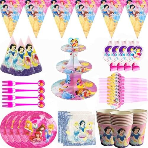 Disney Princess Happy Kids Girls Birthday Party Decoration Set Party Supplies Cup Plate Banner Hat Straw Loot Bag party decor