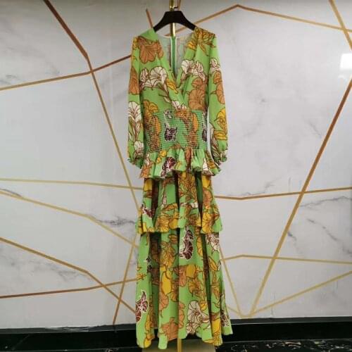 Long Plus Size 2021 Runway Fashion Lantern Sleeve Deep v-neck Ruffles Wasit Elastic Flower Print Party Dress