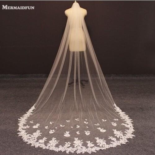 Elegant Lace Appliques Bridal Veil Soft Tulle Long Wedding Veil with Comb 3 Meters Veil Voile Mariage Wedding Accessories 2020