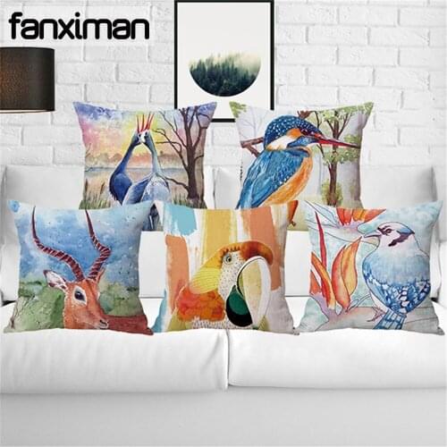 Fanximan Watercolor Animal Painting Print Cushion Cover Sofa Chair Throw Pillow Case Parrot Birds Pillows Home Decor 45*45 cm