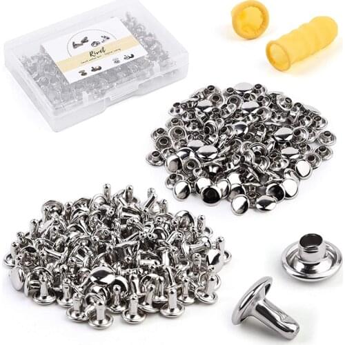 KAOBUY 100 Set Double Cap Rivets Leather Rivet Tubular Metal Rapid Rivet Studs, with Plastic Box Finger Cot for DIY Leather Craf