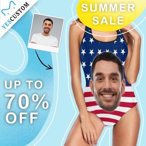 M YesCustom Custom Husband Face American Flag Bathing Suit Swimsuit Top Bikini Set Flag Design Tank Top One Piece Swimwear Beach