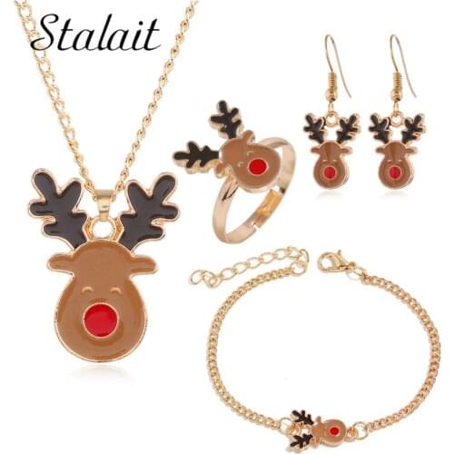 Cute Deer Elk Red Nose Necklace Bracelet Ring Earrings 4 Pcs Set Enamel Animal Christmas Gifts Jewelry For Girl Child