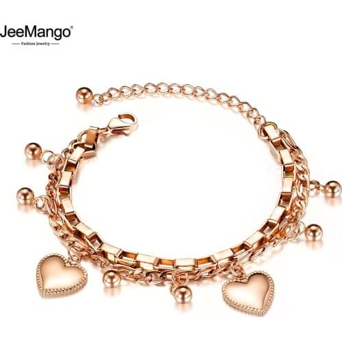 JeeMango Trendy Double Layer Stainless Steel Love Heart Ball Charm Bracelets For Women Girls Bohemia Chain Link Jewelry JB19151