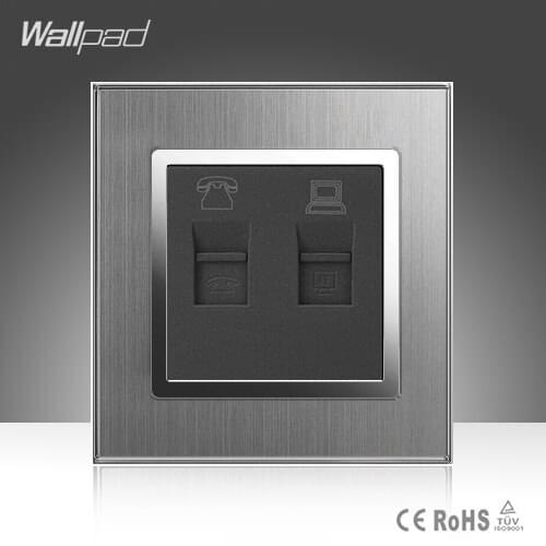 TEL + Data Socket Wallpad 110-250V Brushed Metal UK EU Standard RJ11 Telephone and Data RJ45 Lan Cable Jack Wall Socket