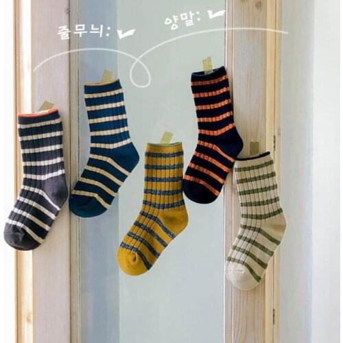 5 Pairs Kids Socks Korean Retro Style Cotton Striped Autumn Winter Baby Boys Girls Socks for 1-8 Years Children