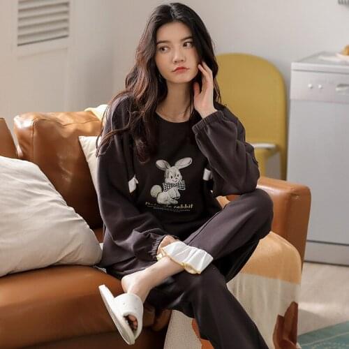 Autumn Winter Fashion All-Cotton Pajamas Set for Women Long Sleeve Keep Warm Sleepwear Black Cute Cartoon Rabbit Mujer Nightwear