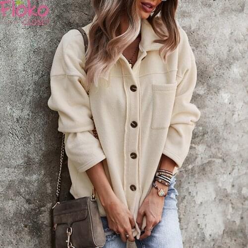 Flokocloset Autumn Long Sleeve Fleece Button Jackets Streetwear Oversize Sweatshirt Jacket Trendy Solid Pocket Women Outwear