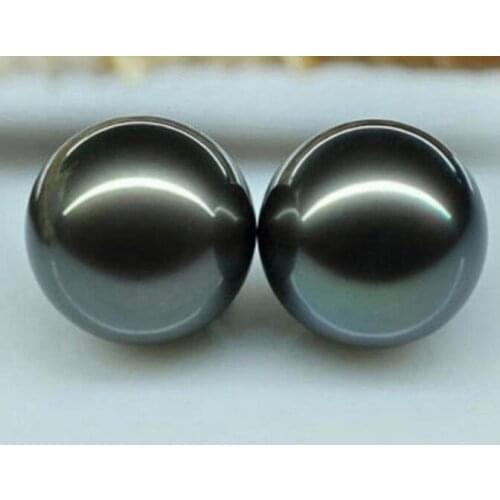 Pair of round tahitian 12-13mm black green loose pearl half drilled