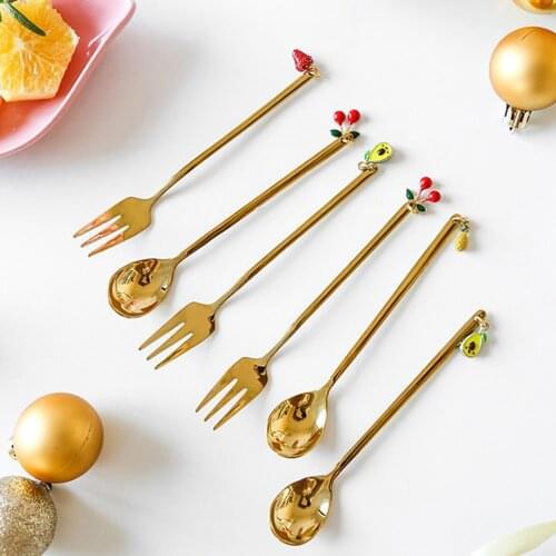 Fruits Pendants Stainless Steel Spoon Fork Metal Gold Silver Coffee Snacks Fruit Dessert Fork Creative Kitchen Tool Tableware