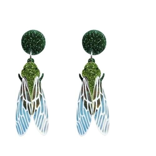 New Arrival Glitter Powder Insect Green Acrylic Drop Earrings Cicada Colorful Wings Dangle Earrings Brincos Women