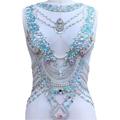 Gorgeous AB Color Rhinestone Beaded Applique Large Full Body Bodice Applique Dress Patches Motif Bridal Supplies