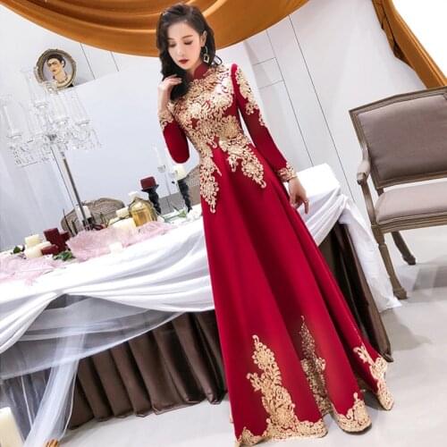 Vintage Red Bride Wedding Qipao Cheongsam Luxury Embroidery Elegant Evening Dress Women Long Sleeve A-line Lady Party Gowns