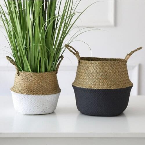 Plant Planter Hand-Woven Seaweed Willow Rattan Storage Basket Pot Hanging Flowerpot with 2 Hanging Ears Garden Courtyard Decor