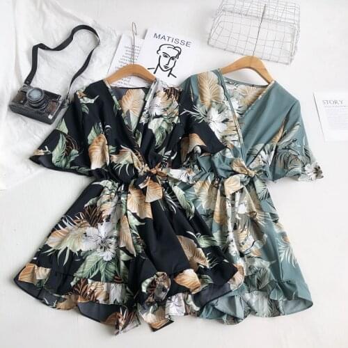 2021 Summer Fashion Women Playsuits Casual V-neck Short Sleeves Slim Floral Printed Playsuits Ladies Short Overalls Jumpsuit