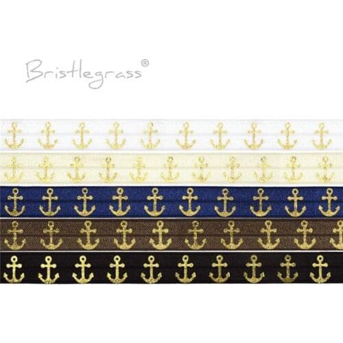 BRISTLEGRASS 100 Yard by Roll 5/8" 15mm Anchor Gold Foil Print FOE Fold Over Elastic Spandex Band Hair Tie Headband Dress Sewing