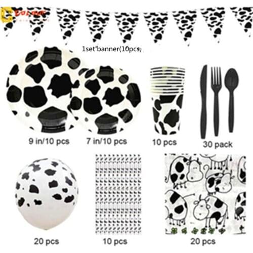 120pcs 10 People Use Farm Cow Theme Birthday Party Animal Party Cow Decoration Disposable Cup Plate Cup Banner Baby Shower