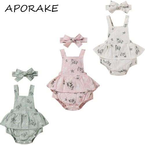 2021 0-24M Infant Baby Girl Playsuit Cute Summer Floral Print Suqare Collar Bow Backless Tutu Romper Dress+Headband 2pcs