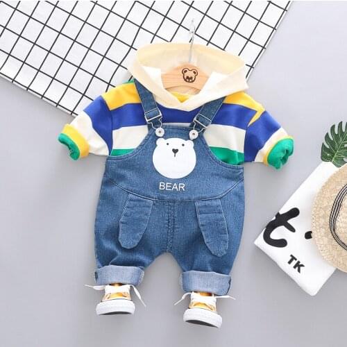 New Spring Autumn Stripe Hoodie Coat+Jeans Overall 2pc/Sets Boys Toddler Kids Clothing Casual Children Cotton Infant Outfits