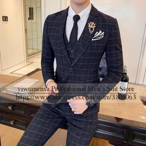 Spring/Autumn Male Clothing Slim Fit Navy Plaid Checked Jacket+Vest+Pants Business Prom Evening Dinner Mens Wedding Sutis Coat