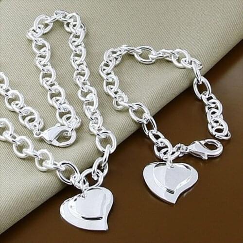 Free Shipping 925 Sterling Silver Jewelry Sets Fashion Double Heart Necklace Bracelet Set For Women Men Best Gift