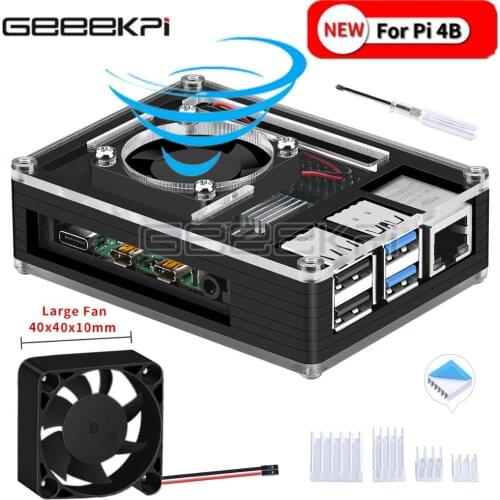 GeeekPi Acrylic All Black Case Cover for Raspberry Pi 4 Model B, with Large Size Cooling Fan 4010 for Raspberry Pi 4B