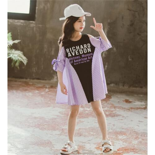 2020 Summer Korean Style Kids Girls Leisure Dress Teenage Fashion Off Shoulder Patchwork Stripe Dresses Children Loose Clothing
