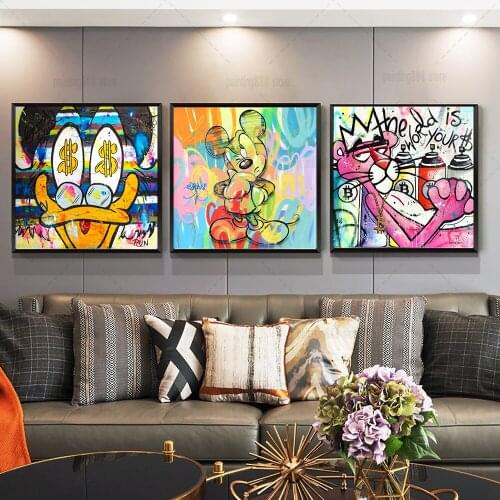 Disney Graffiti Donald Duck Money Love Canvas Poster Print Modern Graffiti Mickey Pink Panther Canvas Painting Poster Home Decor