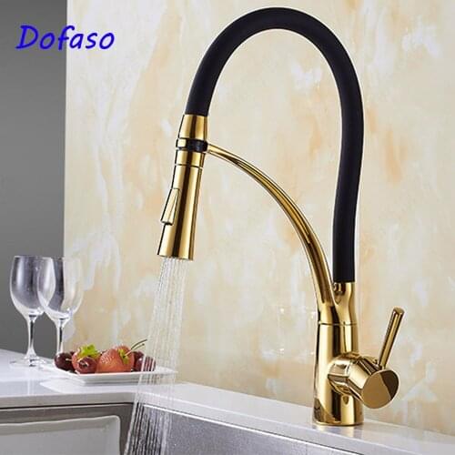 Dofaso vintage Black Gold Kitchen Faucet drawing down Brass High Arch Kitchen Sink Faucet Pull Out Rotation Spray Mixer